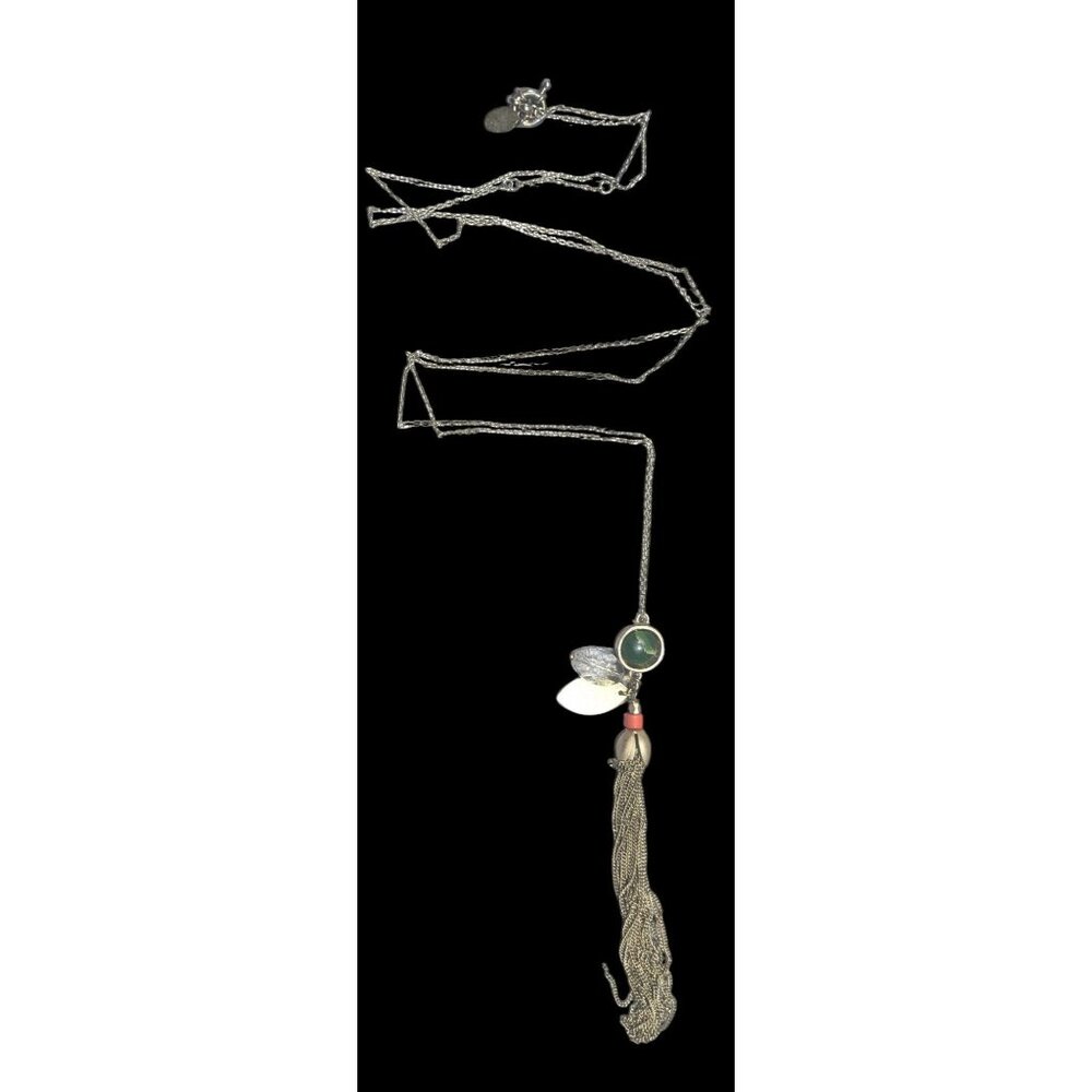 Ann Taylor Loft Floral Green And Gold Tone Tassel Necklace